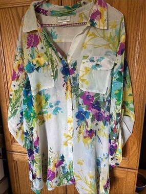 dressbarn White Floral Button-Down Blouse with Multicolor Print